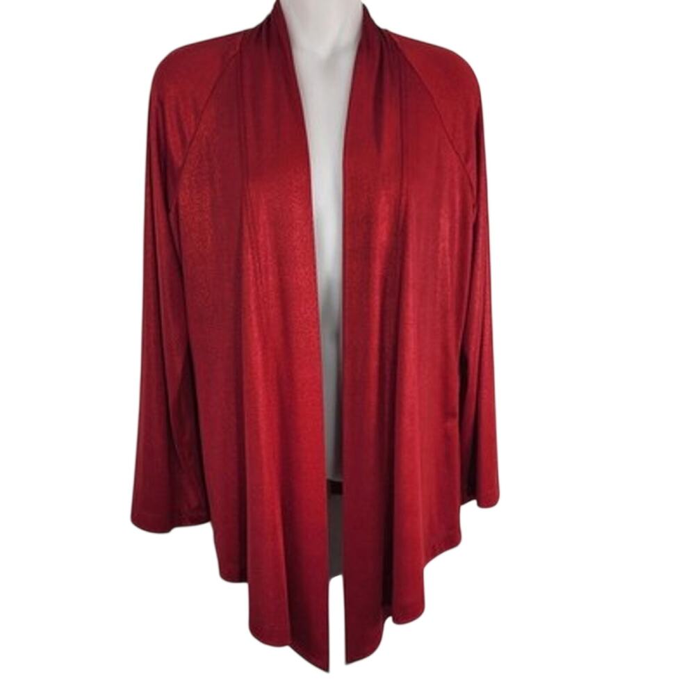 Chico’s Travelers Women Metallic Red Open Front Cardigan Jacket Slinky Holiday S